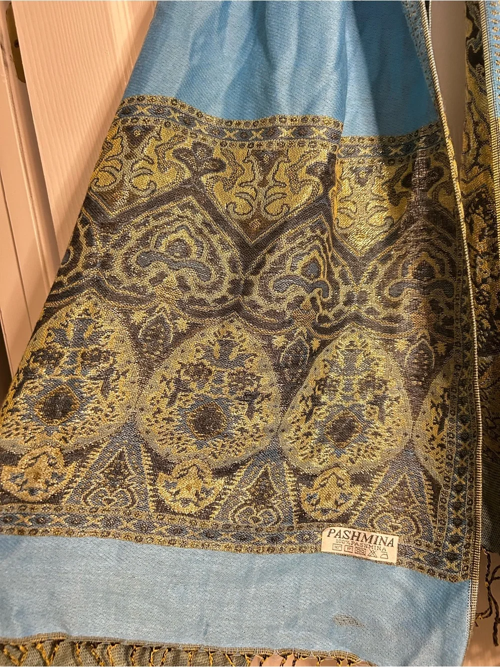 Pashmina Blue Gold Ornate Paisley Shawl Wrap Fringe Boho